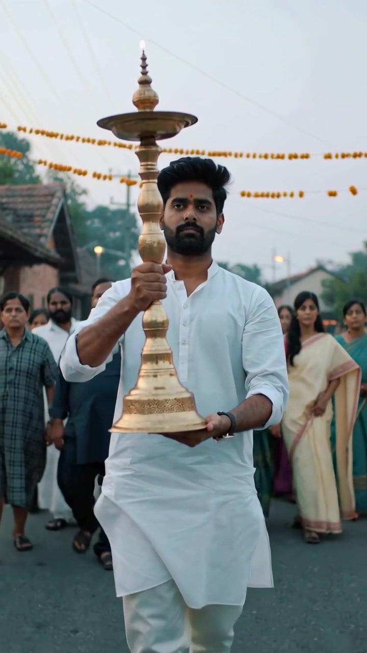 Vertical video: Ceremony starting man in kurta with brass lamp leading village march under garlands