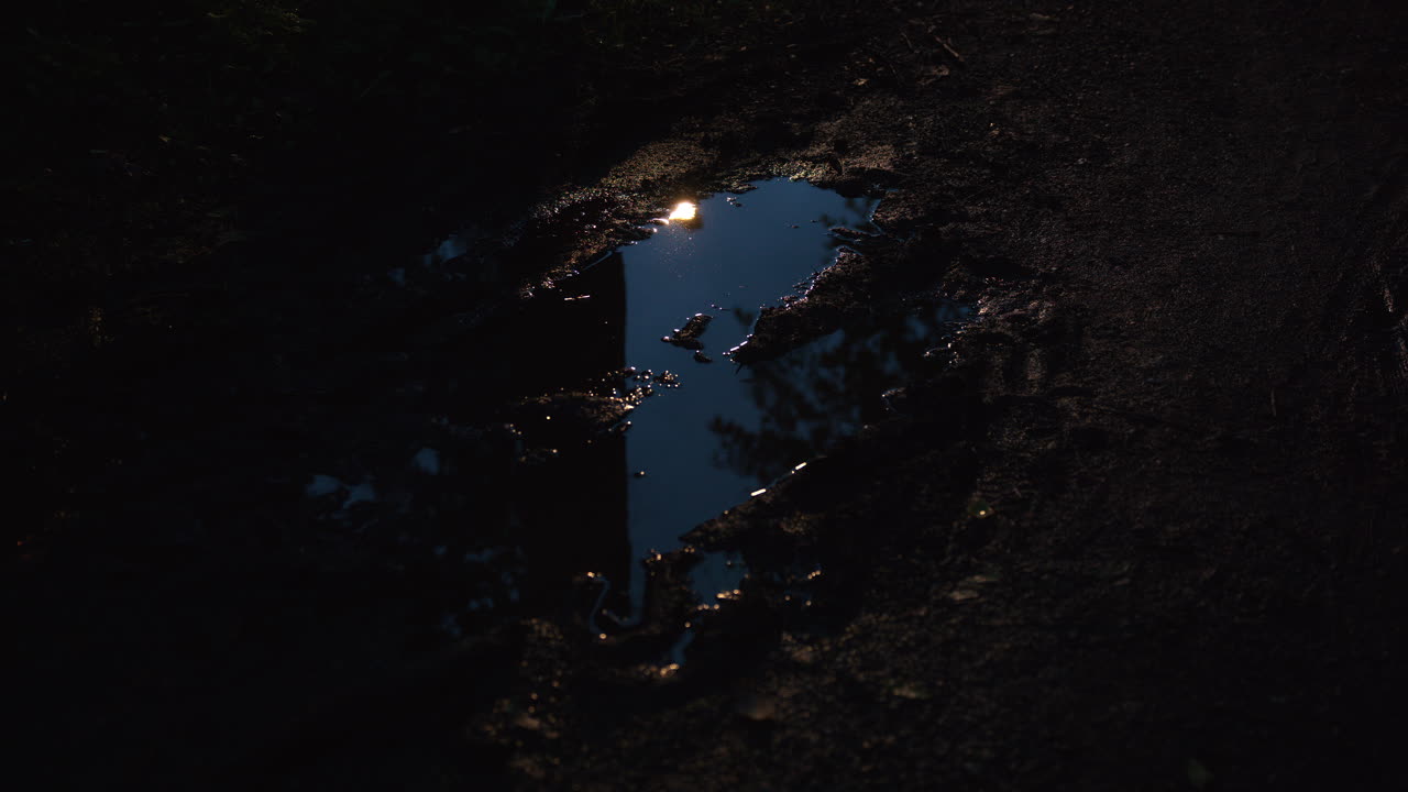 Raindrops hitting the puddle in the dirt and a light post shines in the water