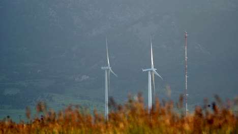 wind turbines against a background of mountains