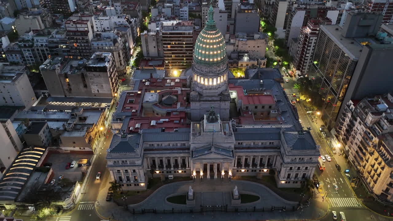 Aerial View of the Palace of the Argentine Legislature in Buenos Aires at Night