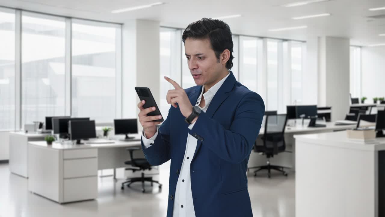 gerente indio feliz usando teléfono móvil