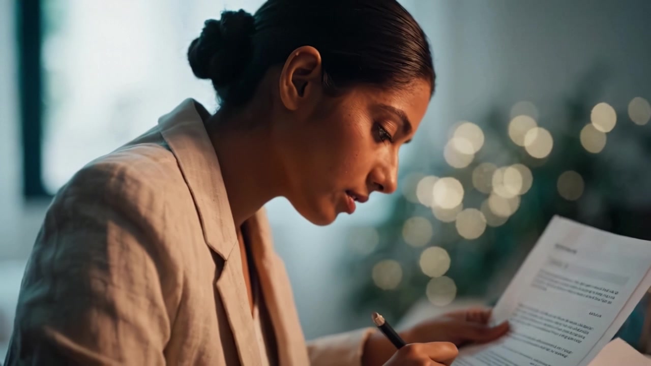 A focused woman reviews important documents, immersed in thought while surrounded by a cozy, illuminated environment that enhances her concentration and clarity.