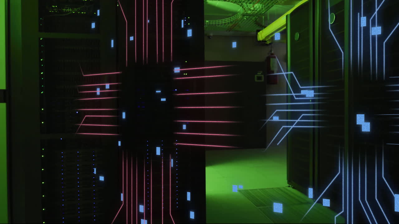 Animation of digital data processing and circuit board over computer servers
