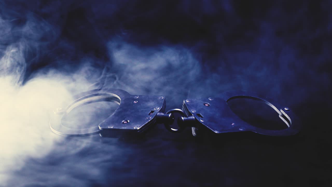 Um par de algemas de metal colocado sobre uma superfície escura, cercado por iluminação e fumaça azuis, simbolizando temas de aplicação da lei, prisão ou crime