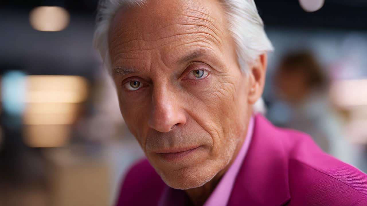 A thoughtful man with striking light hair and engaging eyes stares directly into the camera, eliciting a deep reflection on age, experience, and wisdom