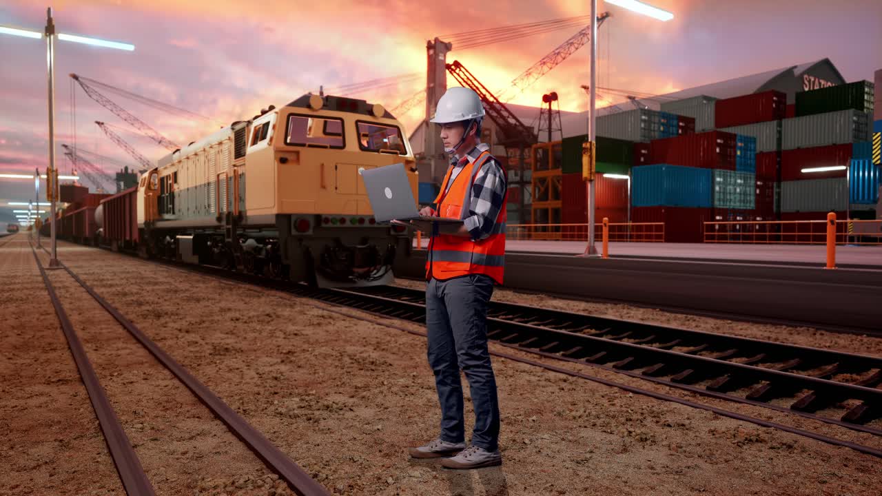 Worker using laptop at a train station at a port