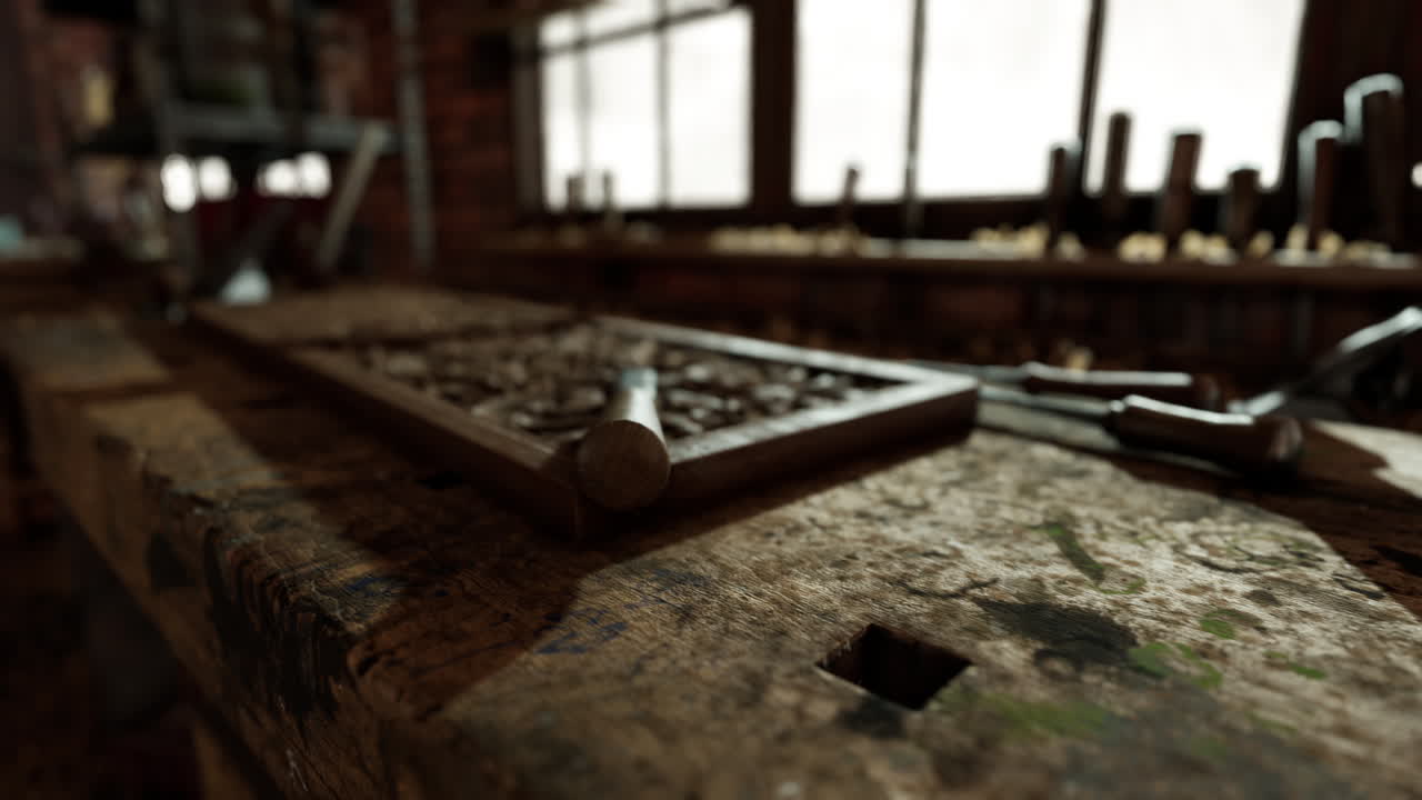 el escritorio de trabajo en el taller de madera