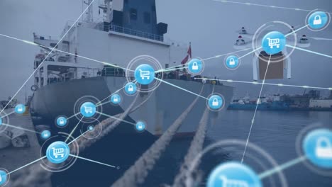 animación de redes de conexiones y drones digitales sobre el astillero