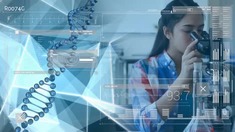 Animation-of-dna-strand-and-data-processing-over-biracial-woman-in-lab