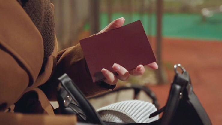 Voyageuse récupérant un passeport bordeaux de son sac à main, manteau marron et gants gris sans doigts, sac en cuir avec fermoir métallique, banc en bois dans une gare, mains feuilletant les pages du passeport, gros plan.
