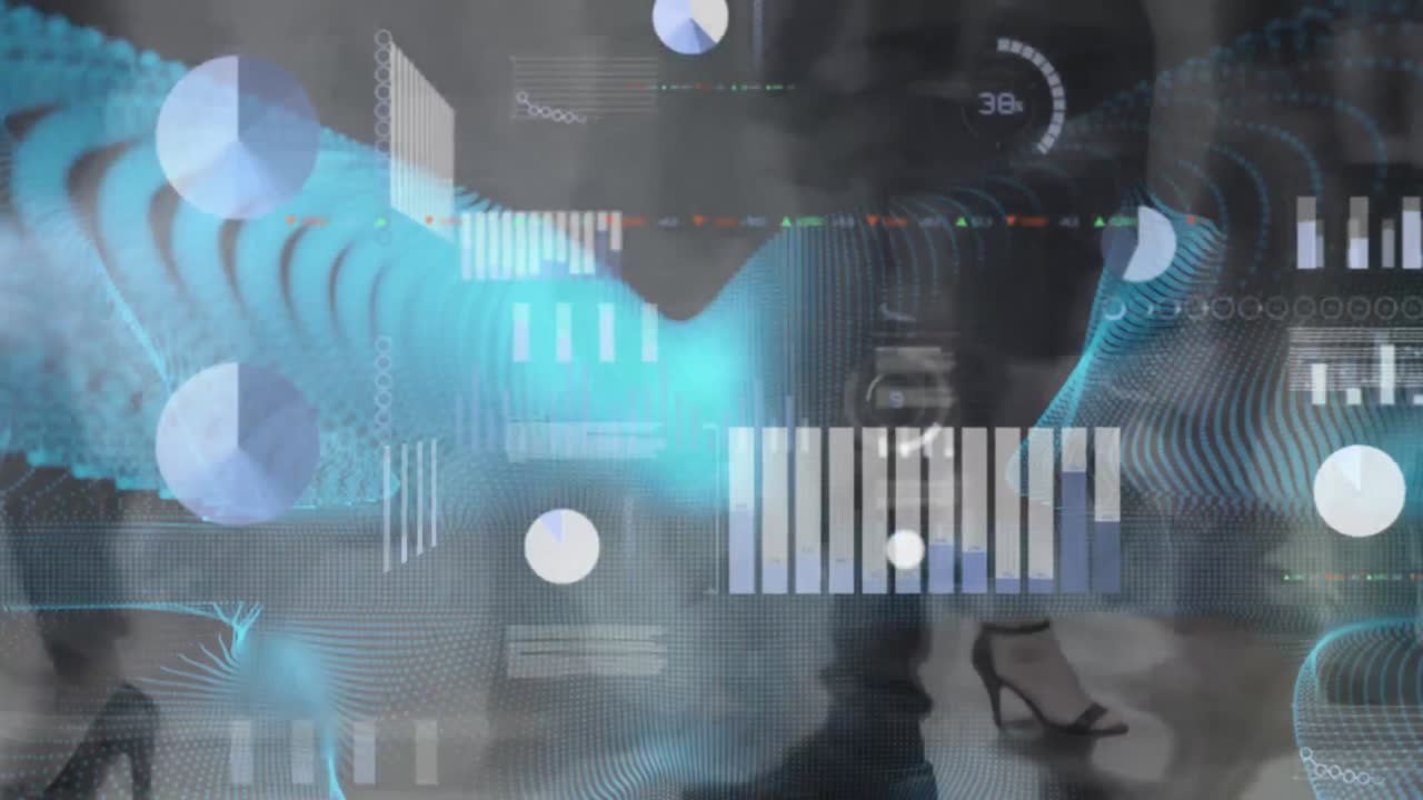 animación del procesamiento de datos financieros sobre peatones que caminan en movimiento rápido
