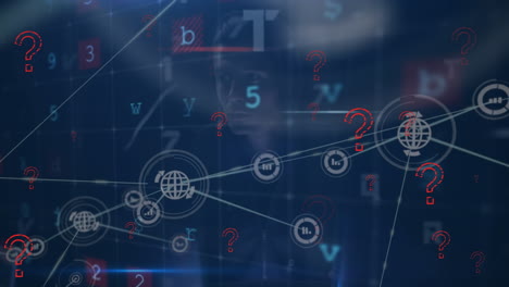 network of digital icons and cyber security data processing over caucasian male hacker using laptop