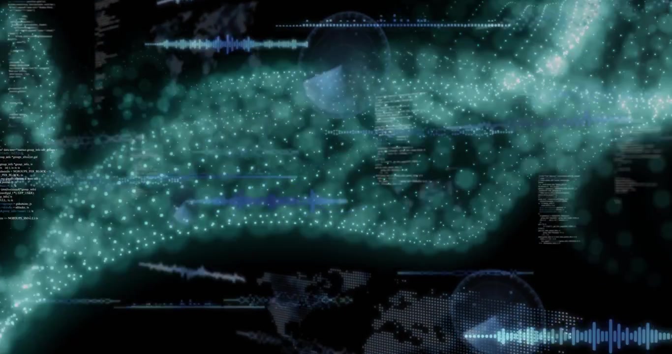 Animation of data processing and green mesh over black background