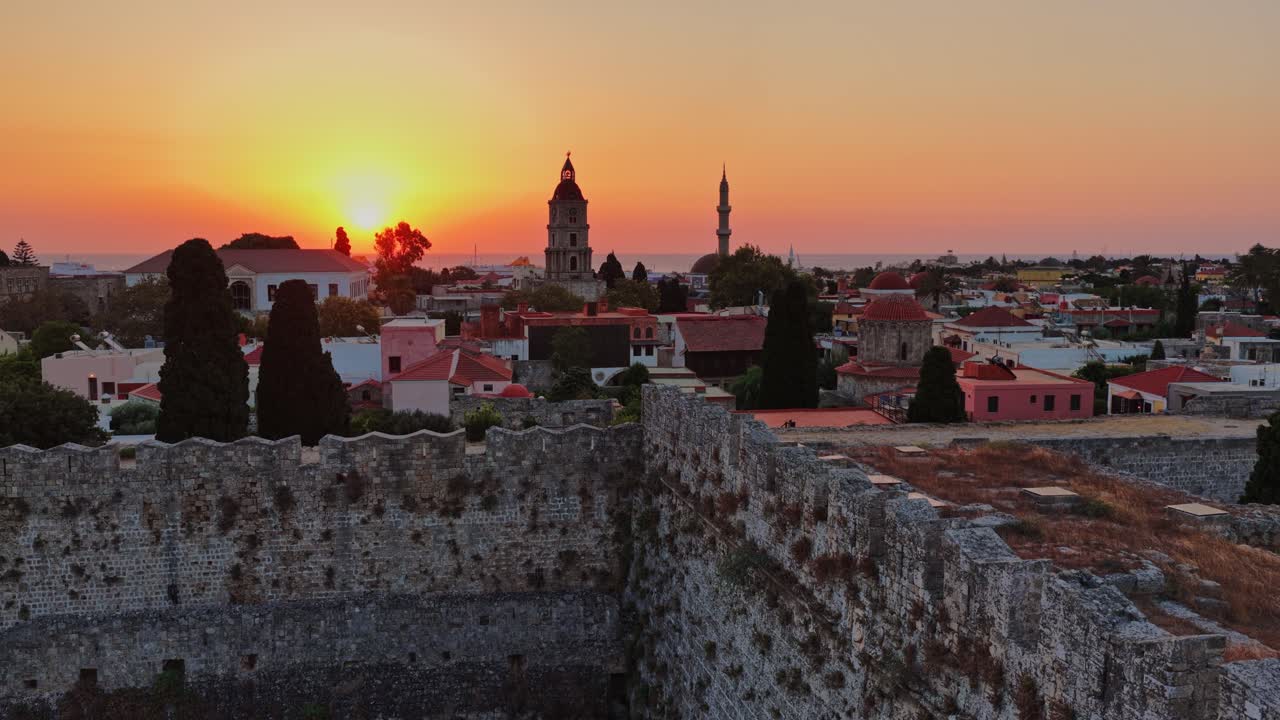 Sunset over the Old Town of Rhodes, Greece