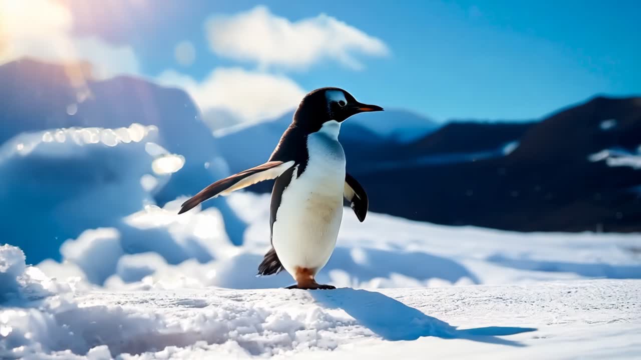 Un pingüino parado sobre un suelo cubierto de nieve.