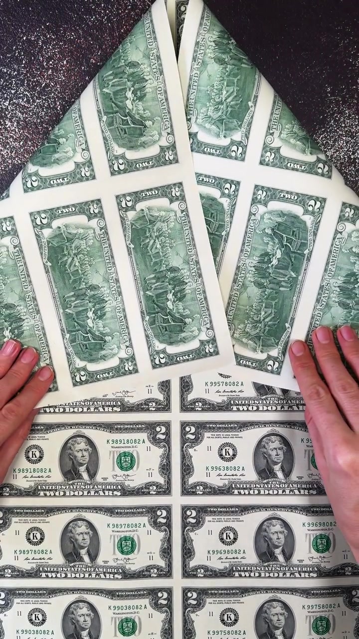 Mani che piegano un grande foglio di banconote da due dollari. Vista fronte-retro