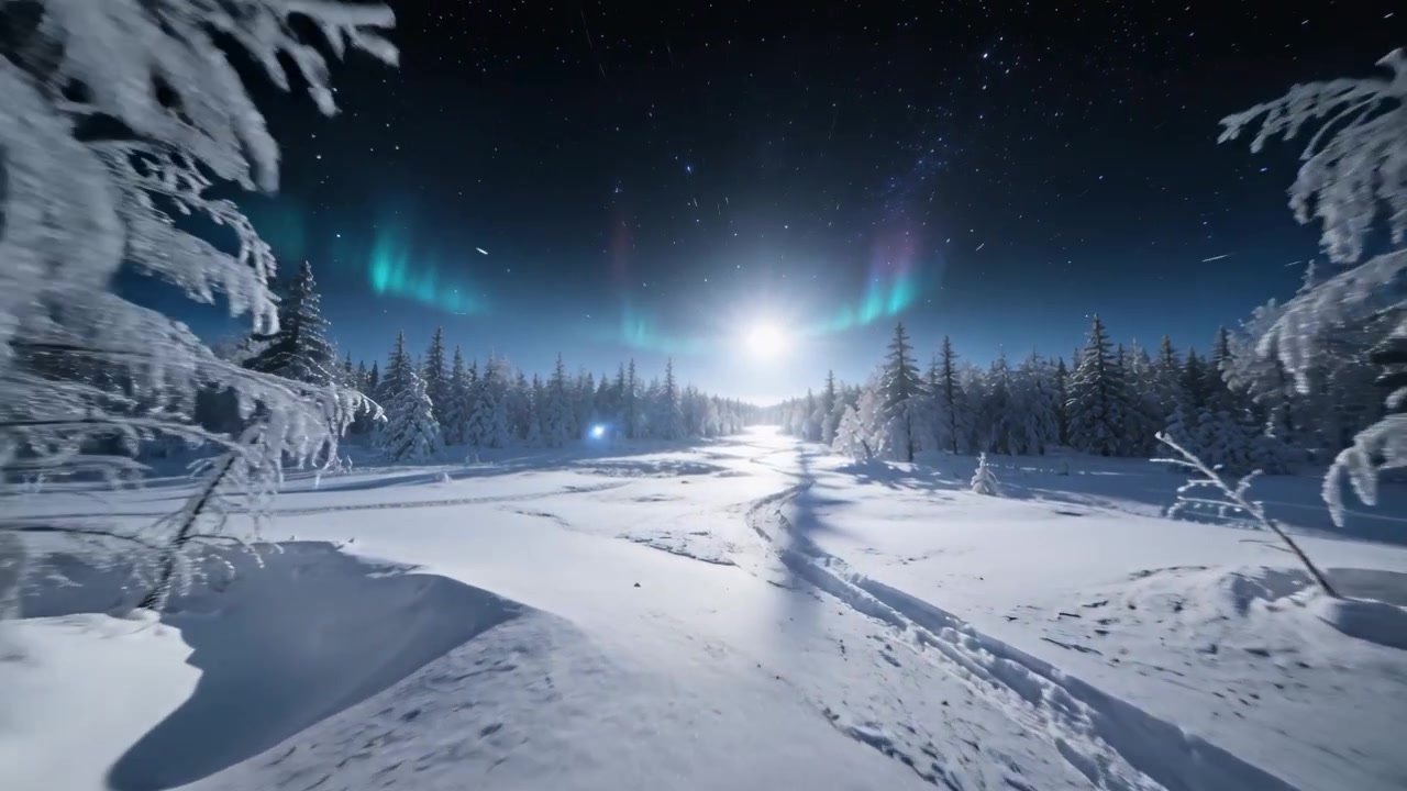 Liikkuva kamera seuraa rinnakkaisia jälkiä lumikentällä kohti kuun revontulia puiden reunustamana.
