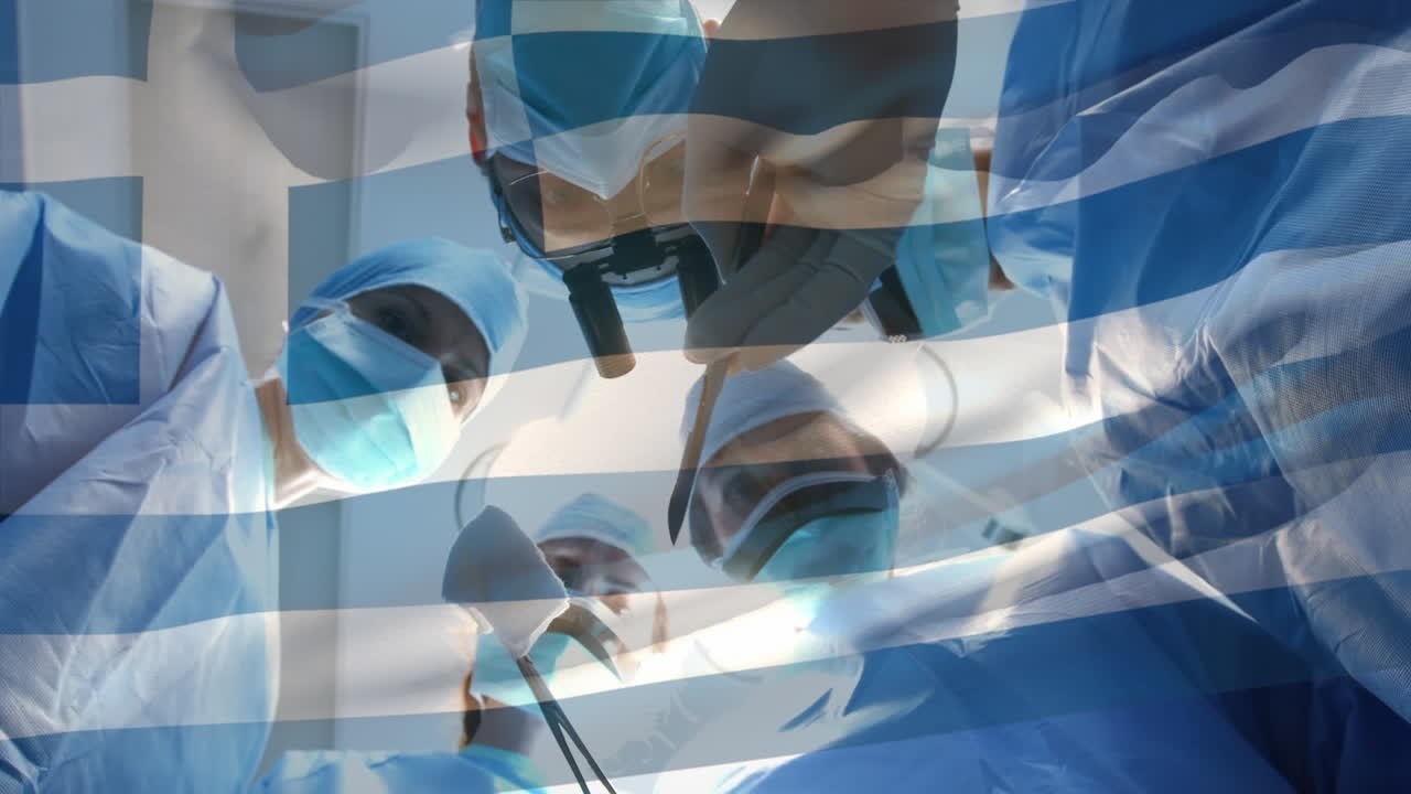 수술실 에 있는 외과 의사 들 위 에 그리스 국기 가 흔들리는 애니메이션