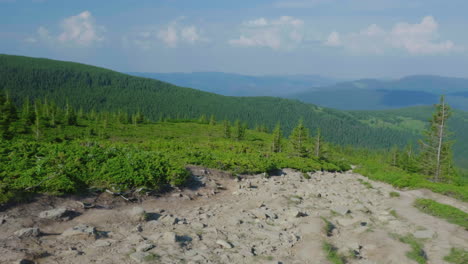 Un-Sendero-En-Las-Montañas-Baja-Contra-Un-Telón-De-Fondo-De-Montañas-Cubiertas-De-Bosques