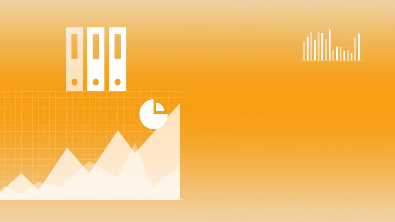 Animation of multiple icons and graphs, map against orange background