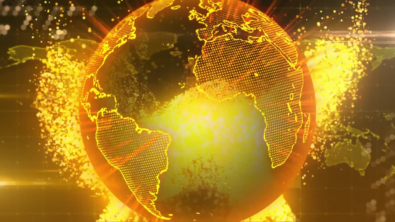 검은색 배경에 황금색 스타버스트와 오렌지색 그래픽 요소로 회전하는 반 ⁇ 이는 지구의 애니메이션