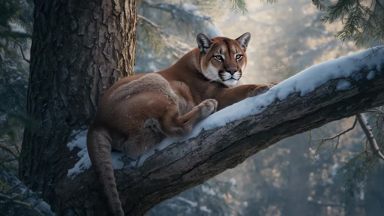 Puma descansando cambiando la mirada mientras la nieve se acumula y se posa en una rama nevada en un bosque de pinos, permaneciendo alerta