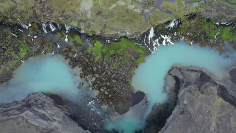 Turquoise-river-with-waterfalls-in-highlands