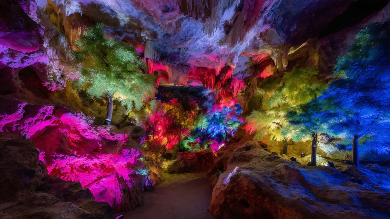 A Vibrant Cavernous Wonderland: A Stunning Display of Colored Lights Illuminating Lush Artificial Trees Amid Majestic Rock Formations in a Magnificent Cave