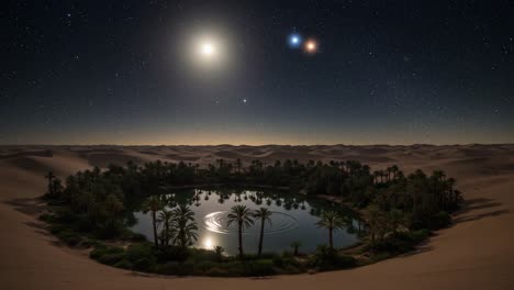 a serene oasis illuminated by celestial bodies: captivating view of a desert lagoon at night under a starry sky with a bright moon and distant planets
