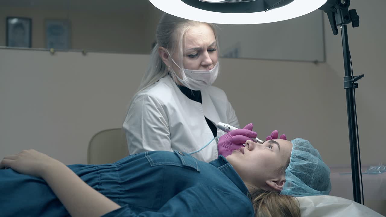specialista dai capelli lunghi parla e annuisce testa applicando il trucco