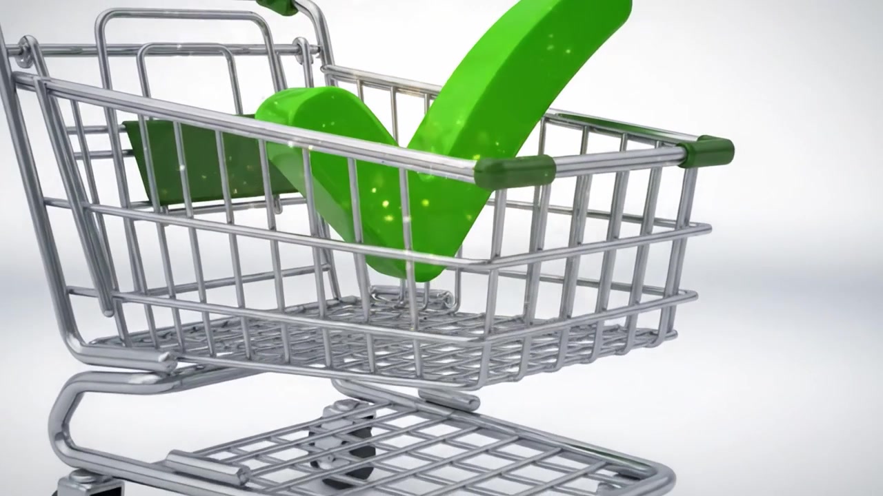 Förvandla en kundvagn: Från tom till fulländad med en grön bock som symboliserar slutförande och tillfredsställelse i shoppingupplevelsen.