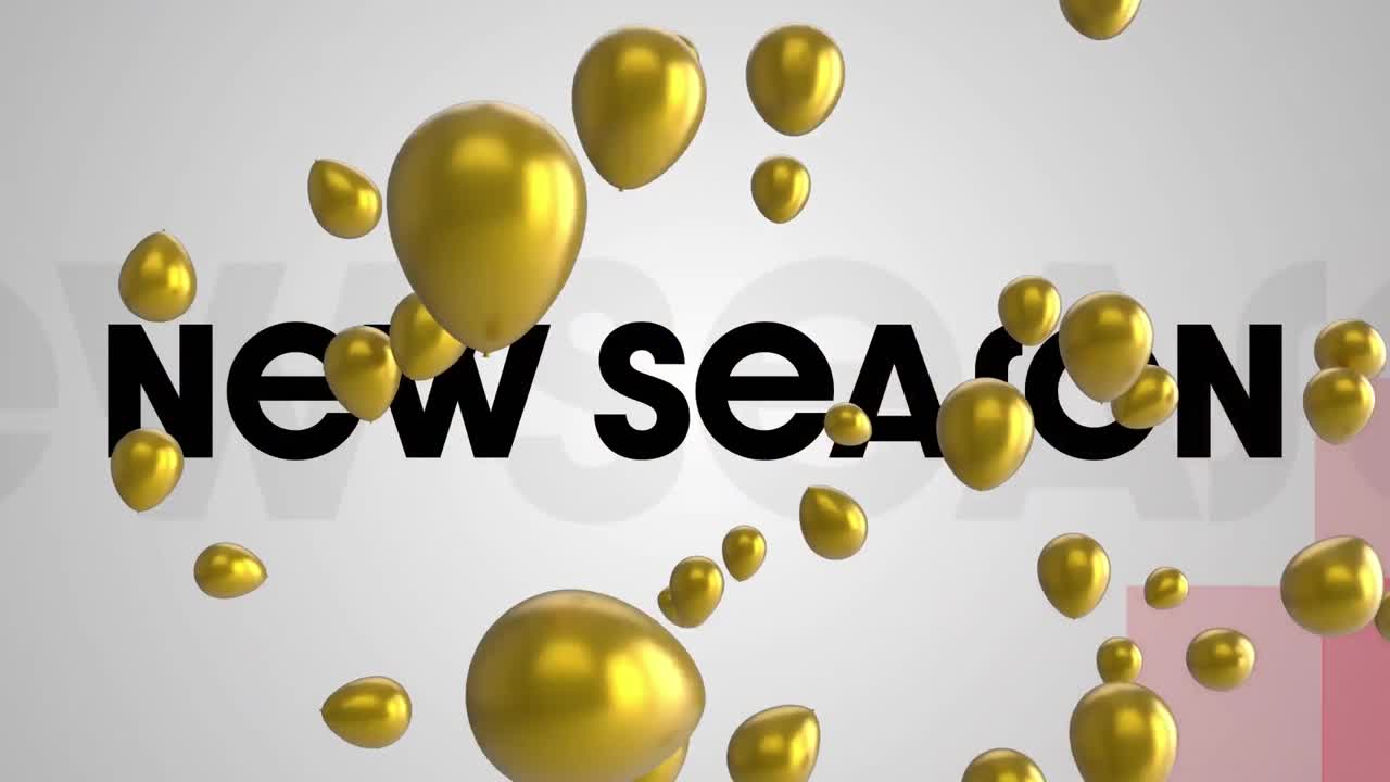 animación de texto de la nueva temporada y globos sobre formas.