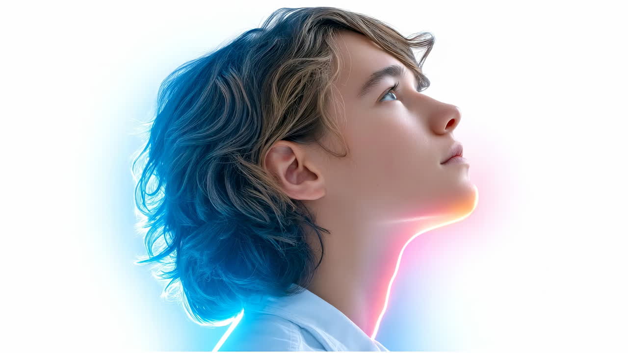 Young person gazes upward with hope. A young person with wavy hair looks up, bathed in soft light, embodying hope and peaceful contemplation