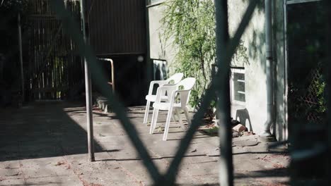 white garden chairs in the sun with the trees shadows dancing