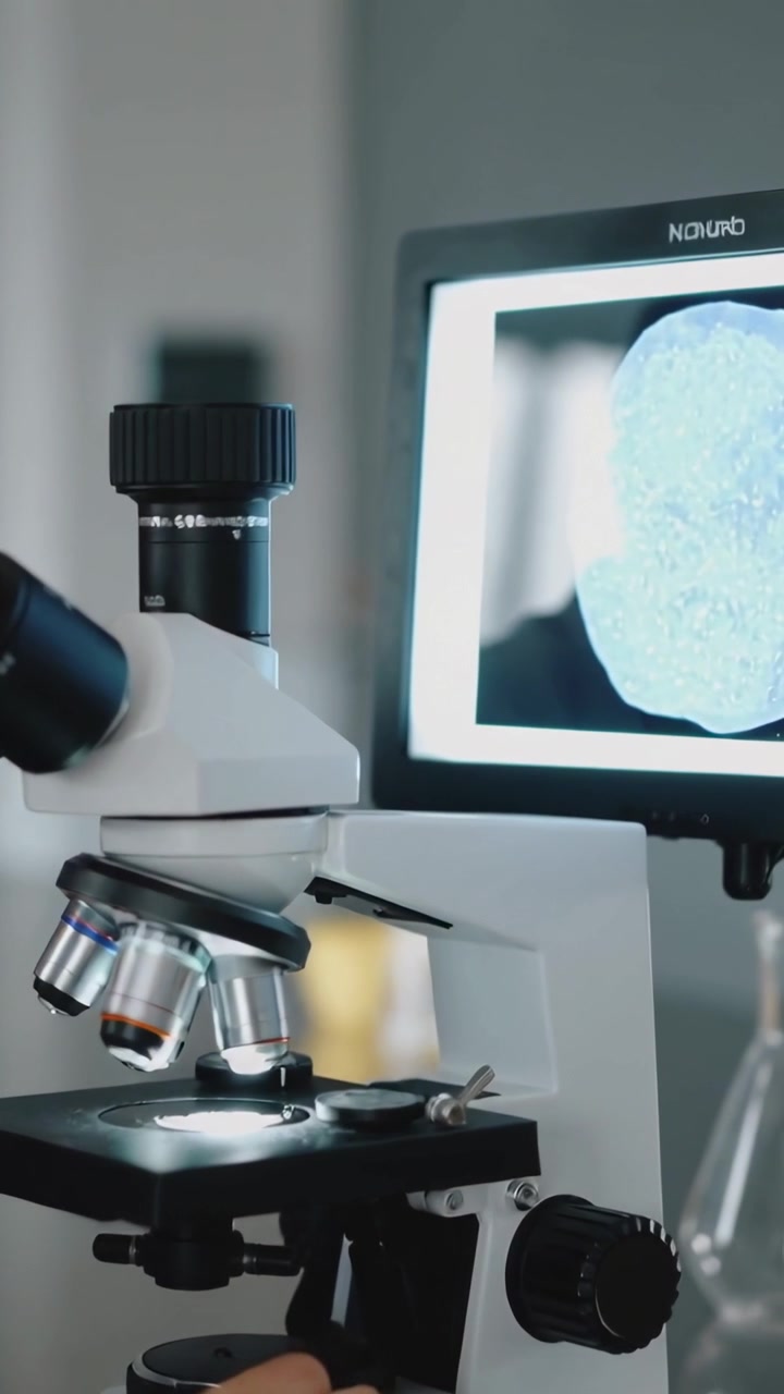 Lab tech at scope placing slide rotating lens adjusting focus viewing magnified sample on monitor