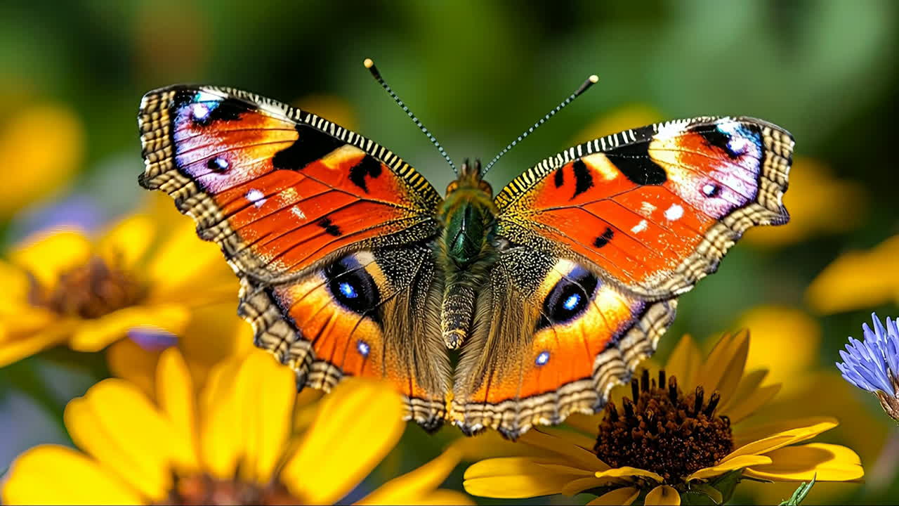 Farfalla colorata appoggiata sui fiori. Una farfalla con ali brillanti si posa su fiori gialli e viola in un giardino soleggiato durante la primavera