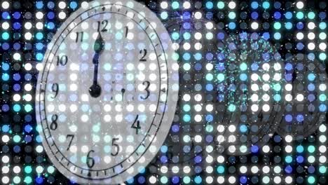 Animation-of-clock-showing-midnight,-fireworks-exploding-with-rows-of-dots-and-snow-falling