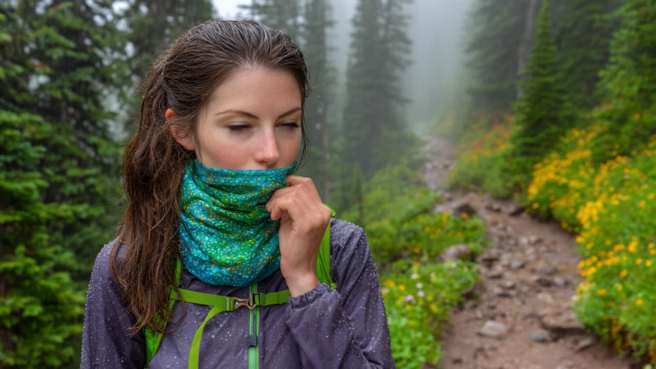 A Young Woman in a Rainy Forest, Wearing a Colorful Neck Gaiter, Pausing Thoughtfully on a Misty Hiking Trail Surrounded by Lush Greenery and Wildflowers