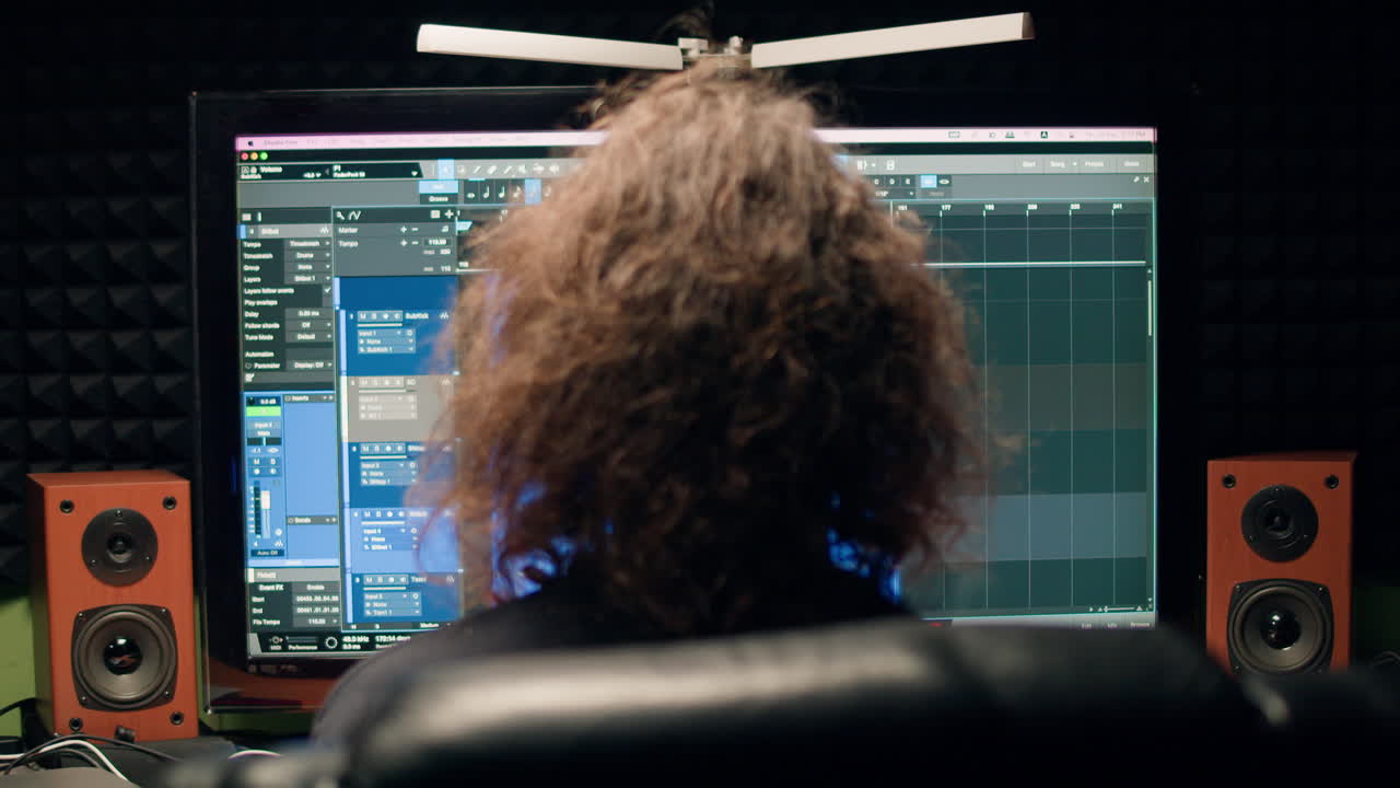 스튜디오에서 음악을 만드는 사운드 엔지니어, 라디오 방송 스튜디오에서 일하는 아시아 인기 dj 또는 녹음 스튜디오, 리허설, 오디오 프로덕션에서 일하는 음악 프로듀서.