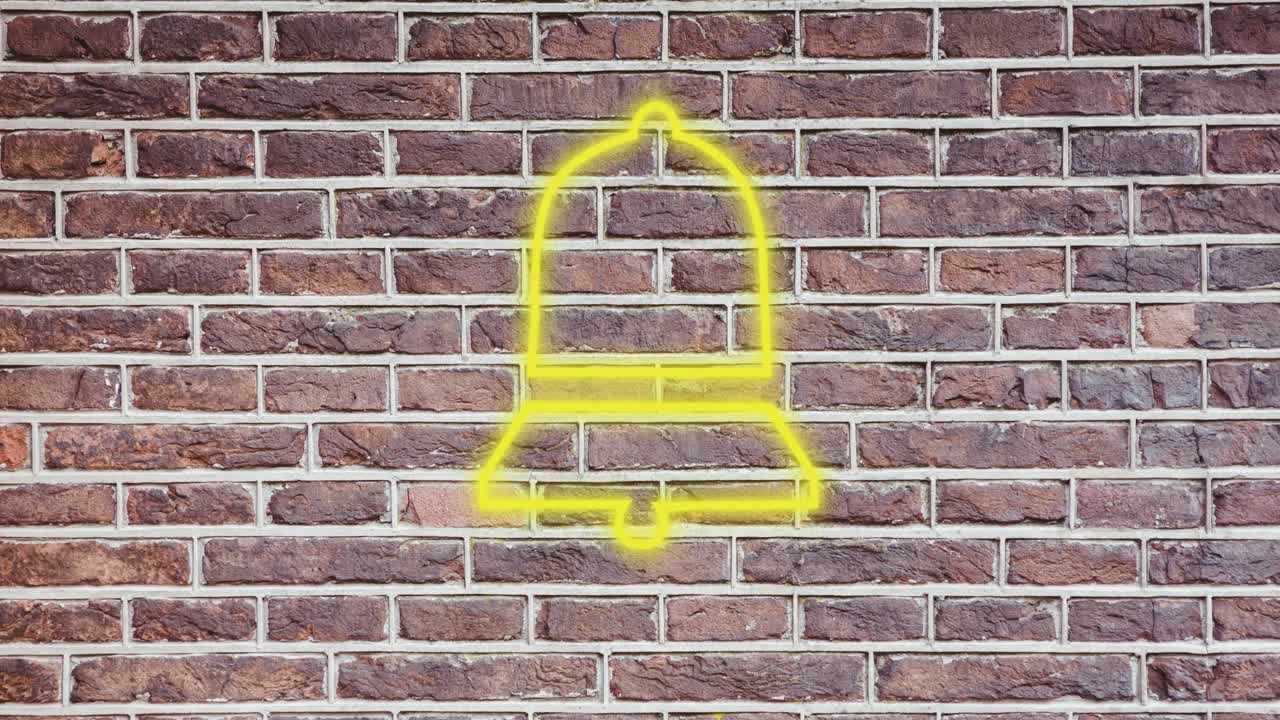 벽돌 벽에 빛나는 네온 종 아이콘의 애니메이션