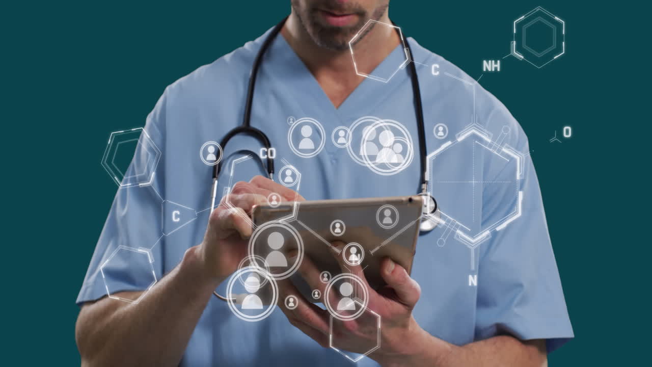 uso de tableta, profesional de la salud con estetoscopio, animación de procesamiento de datos médicos