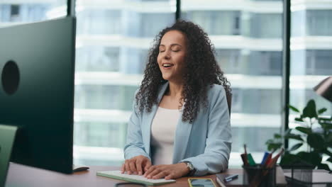 amazed woman office manager satisfied work results modern company close up.