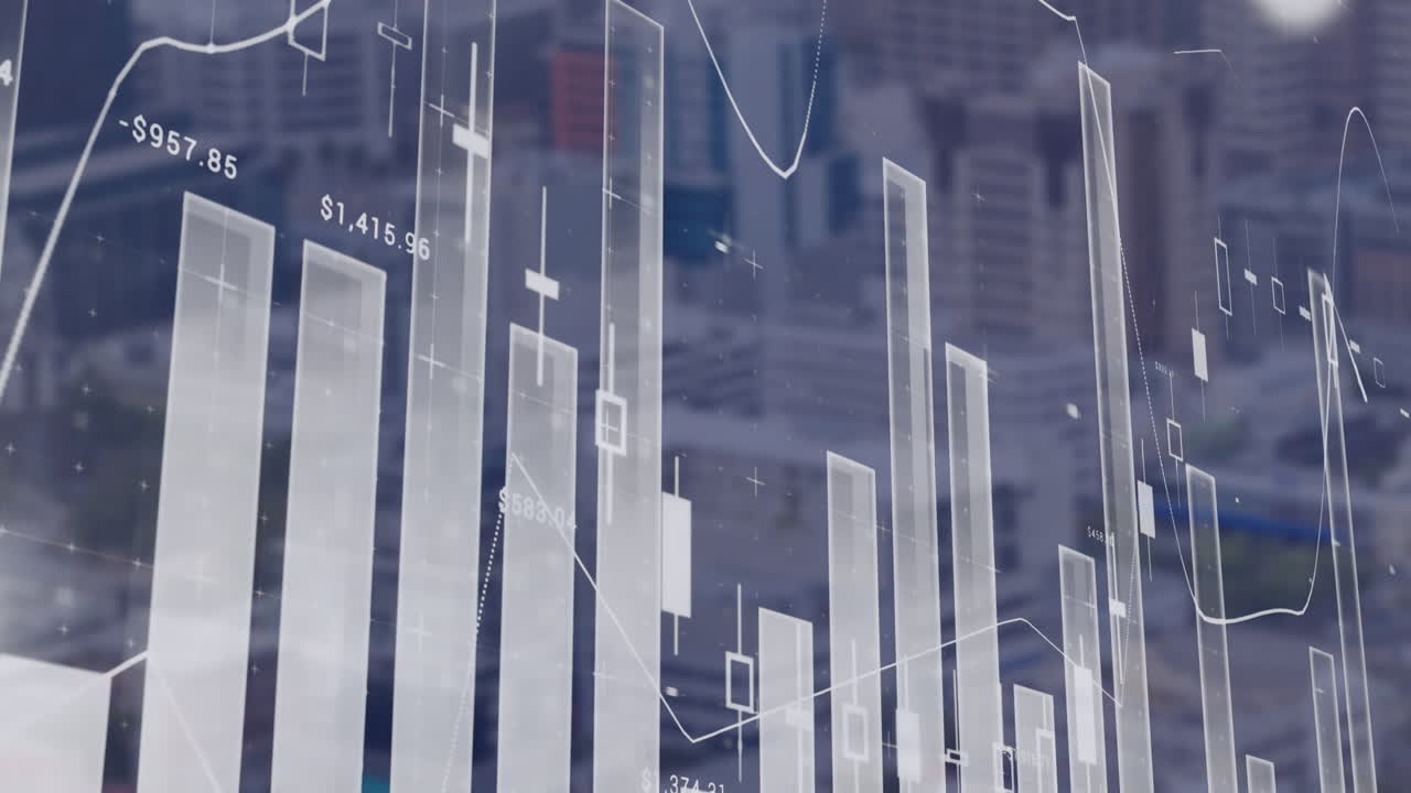 Animation der statistischen Datenverarbeitung vor Luftaufnahme einer Stadtlandschaft