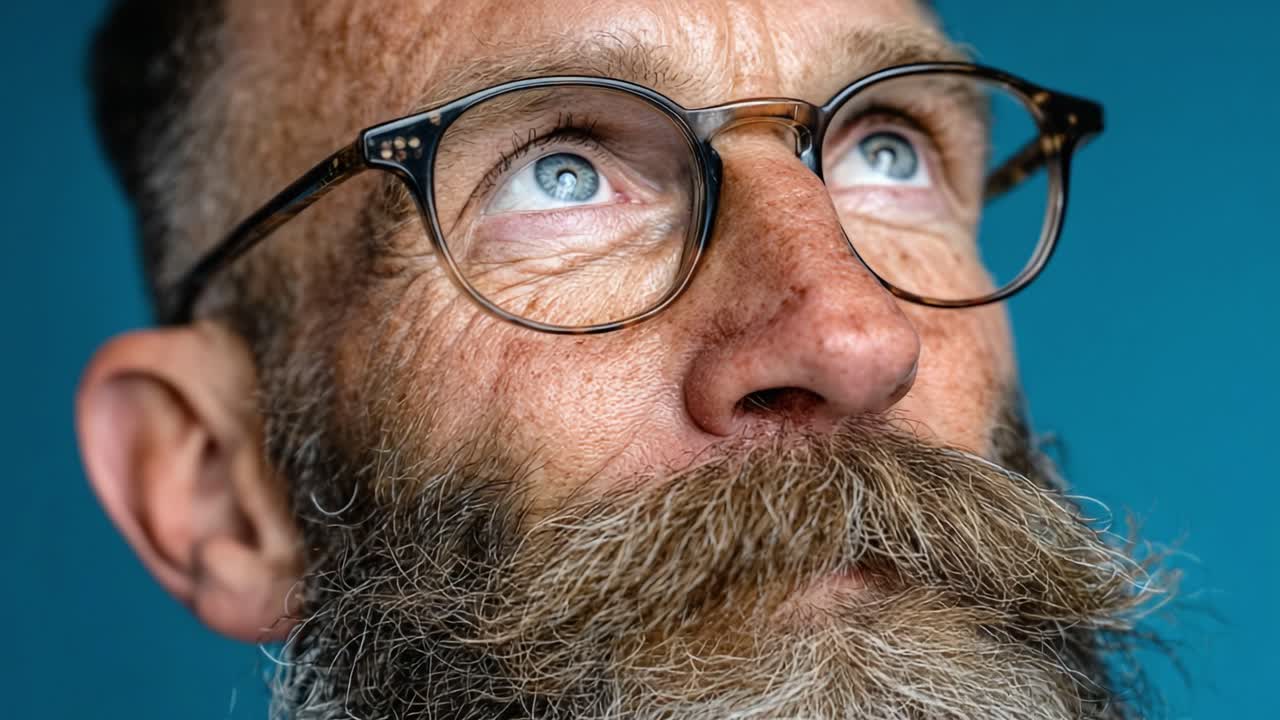 A Close-Up Portrait of a Bearded Man in Glasses Gazing Upwards Against a Serene Blue Background, Capturing Expressive Features and Emotions