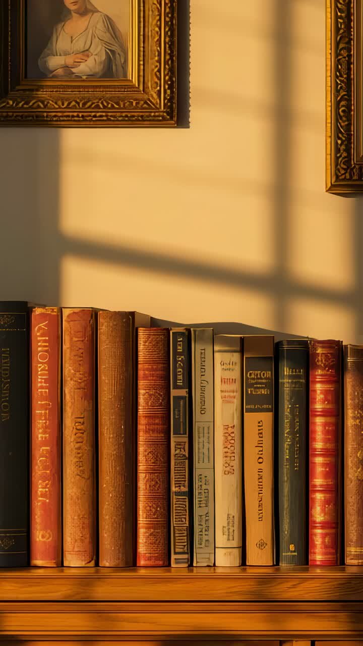Video verticale: sole che si sposta proiettando l'ombra di una griglia sulla finestra sopra i libri sullo scaffale di casa, scandendo il tempo