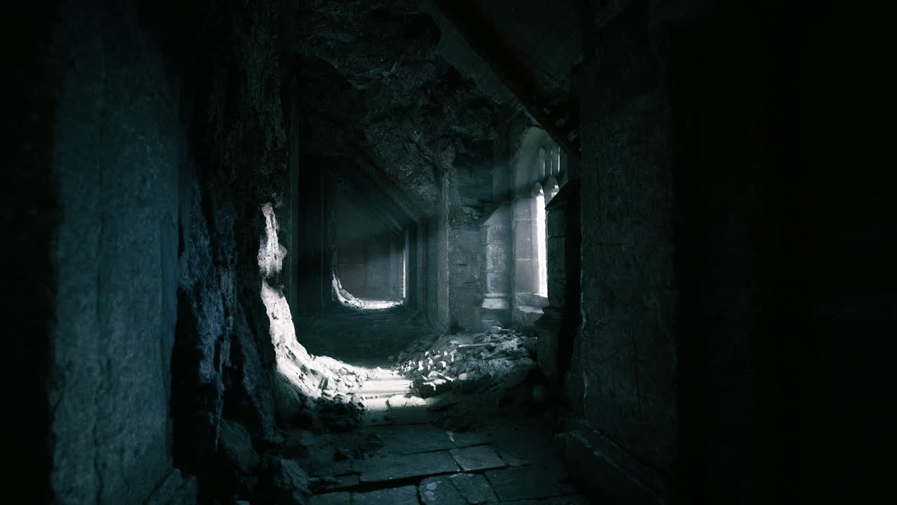 Dark corridor with light rays illuminating ancient stone walls