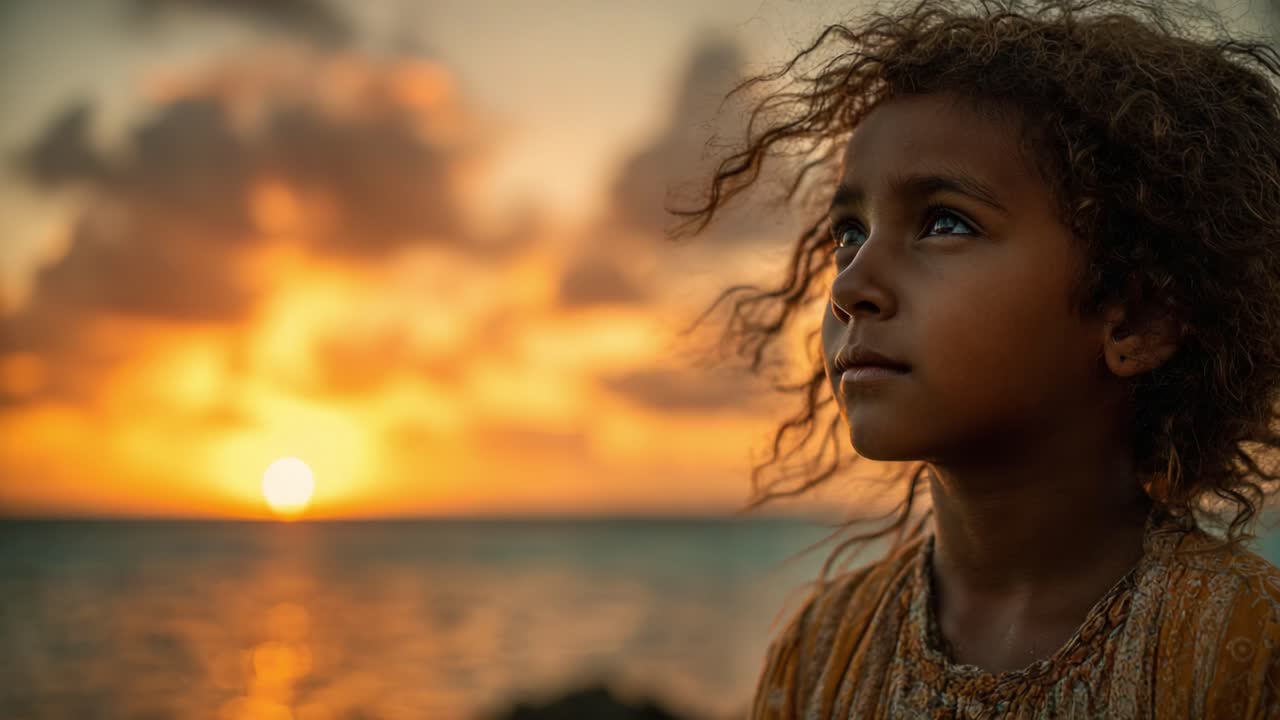 A Young Child Gazing Thoughtfully at a Sunset by the Ocean, Capturing the Serenity and Beauty of Nature as the Sun Sinks Beneath the Horizon