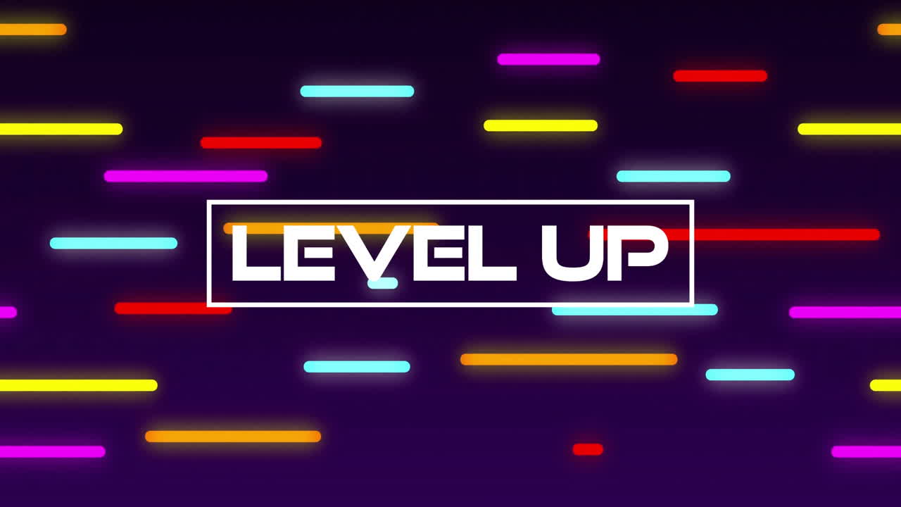Purple gradient pulsing with neon bars while white LEVEL UP text shining inside rectangular frame