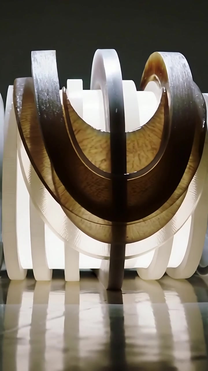 Video verticale: Telecamera orbitante che rivela una spirale lattiginosa su un tavolo, mostrando un nastro ambrato e un alone
