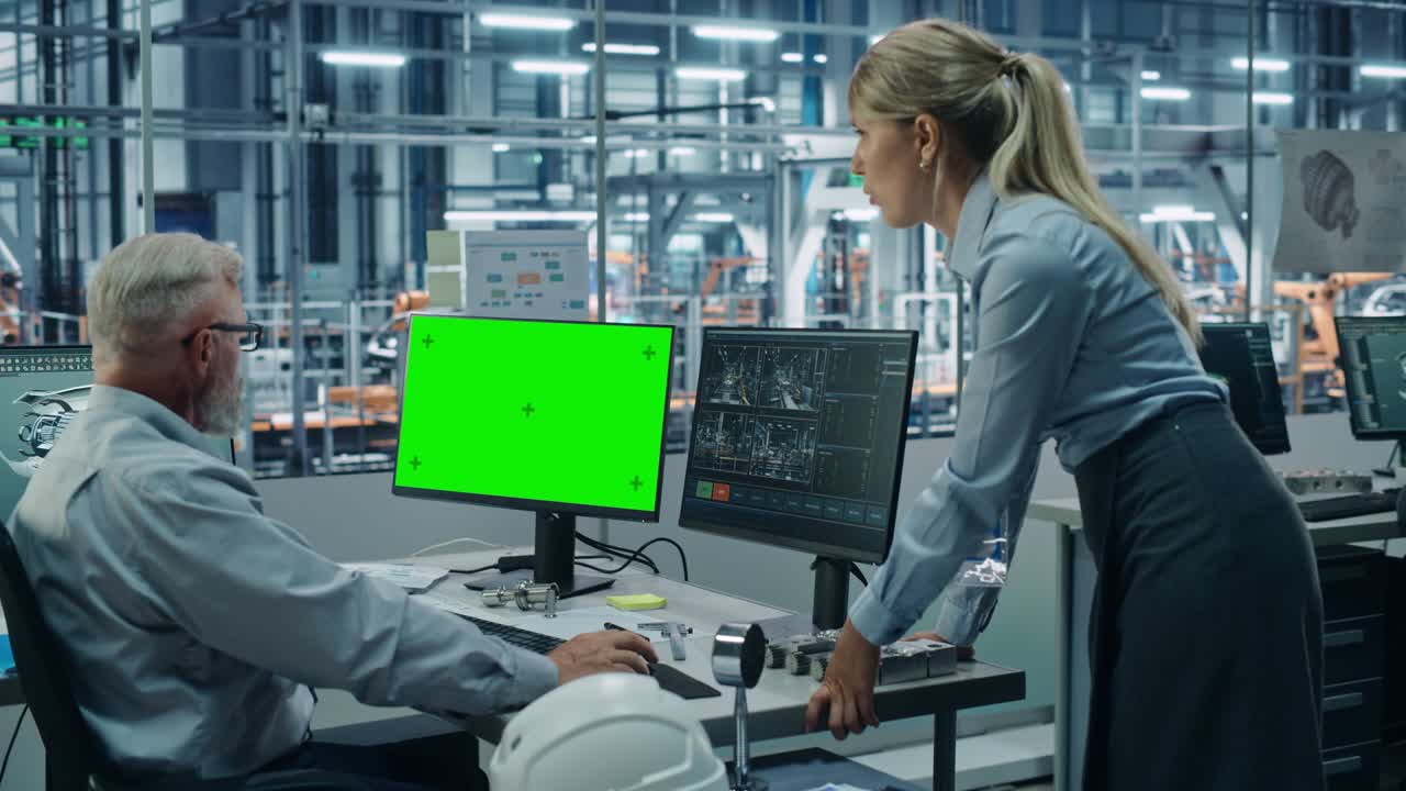 офис мониторинга автомобильного завода: женщина-менеджер проекта разговаривает с мужчиной-главным автомобильным инженером, работающим на зеленом экране chroma key компьютер. автоматизированная линия сборки робототехники для производства транспортных средств